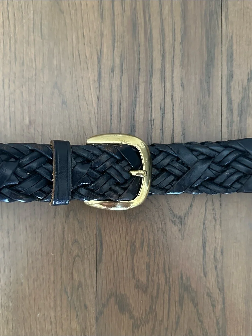 Vintage Talbots Braided Leather Belt Solid Brass Square Buckle Gloss Navy Large